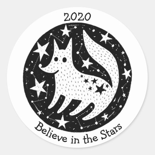 Stars  Constellations Friendly White Dog Wolf BW Classic Round Sticker