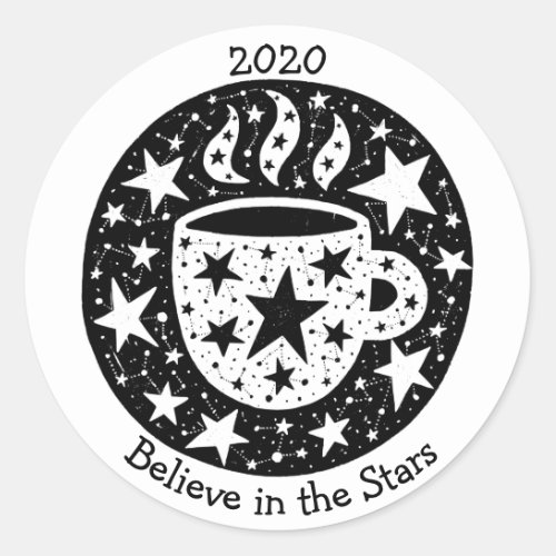 Stars  Constellations Morning Coffee Tea BW Classic Round Sticker