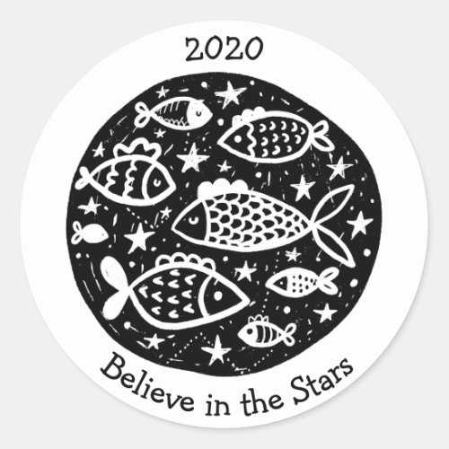 Stars  Constellations Pisces Fish Fishing BW Classic Round Sticker