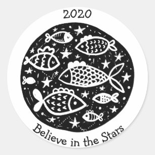Stars & Constellations Pisces Fish Fishing B/W Classic Round Sticker