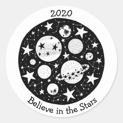 Stars  Constellations Planets in Night Sky BW Classic Round Sticker