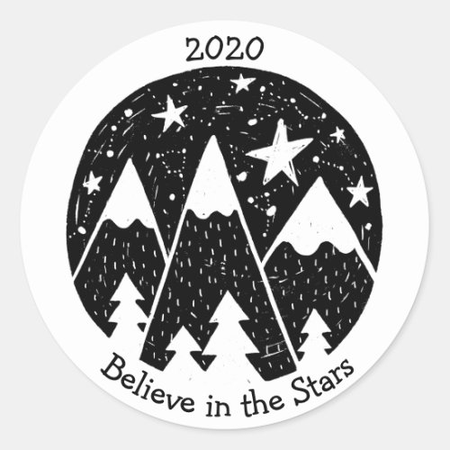 Stars  Constellations Snowy Mountains Pine BW Classic Round Sticker