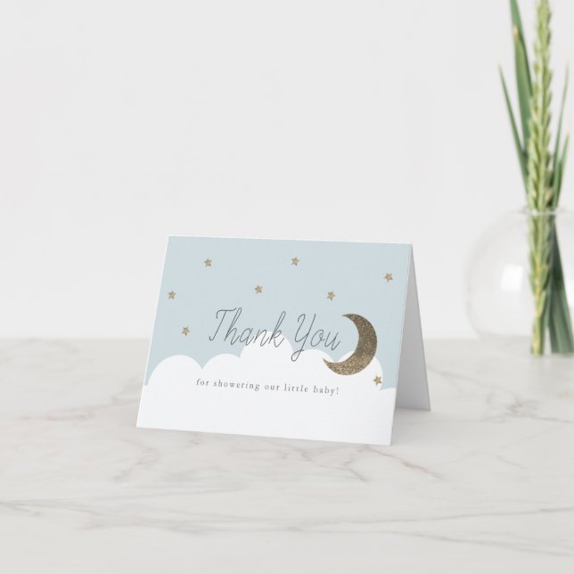 Stars & Crecsent Moon Blue Baby Shower Thank You Card (Front)