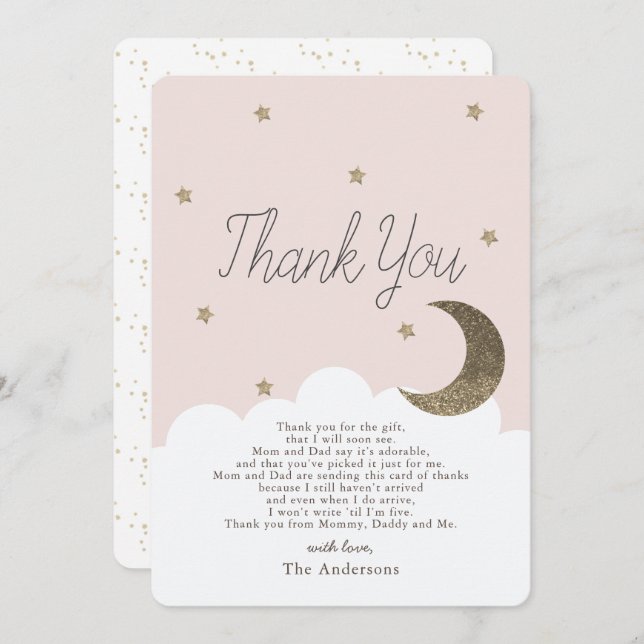 Stars & Crecsent Moon Pink Baby Shower Thank You I Invitation (Front/Back)