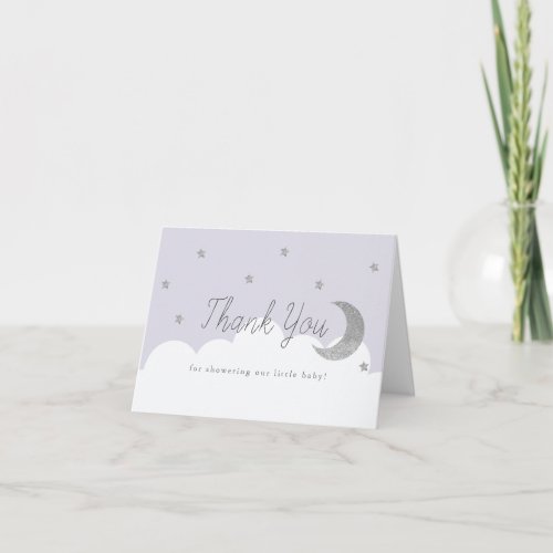 Stars  Crecsent Silver Moon Baby Shower Lilac Thank You Card