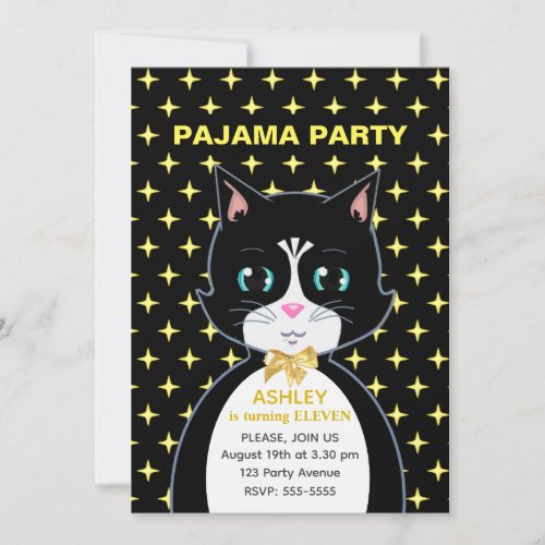 Stars  Cute Birthday Cat Pajama Party  Invitation