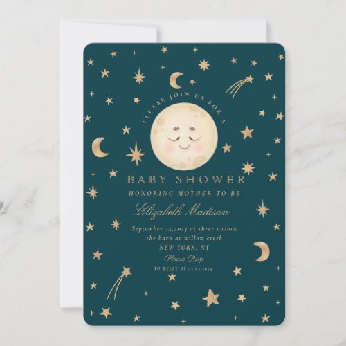 Stars Cute Moon Golden Galaxy  Baby Shower  Invitation