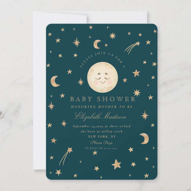 Stars Cute Moon Golden Galaxy  Baby Shower  Invitation (Front)