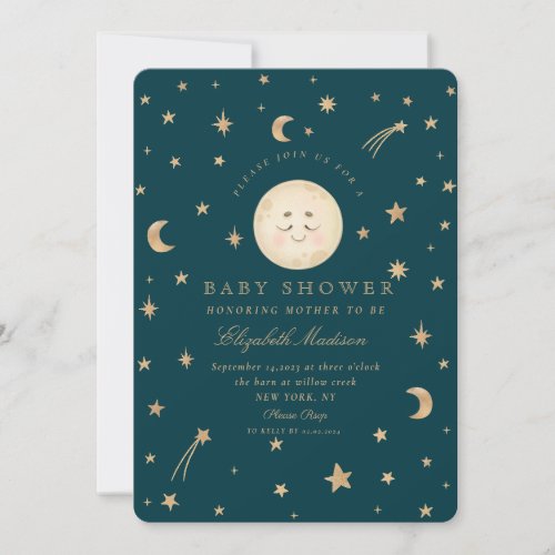 Stars Cute Moon Golden Galaxy  Baby Shower  Invitation