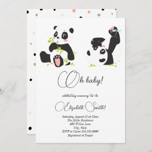 Stars, dots, cute pandas, baby shower invitation