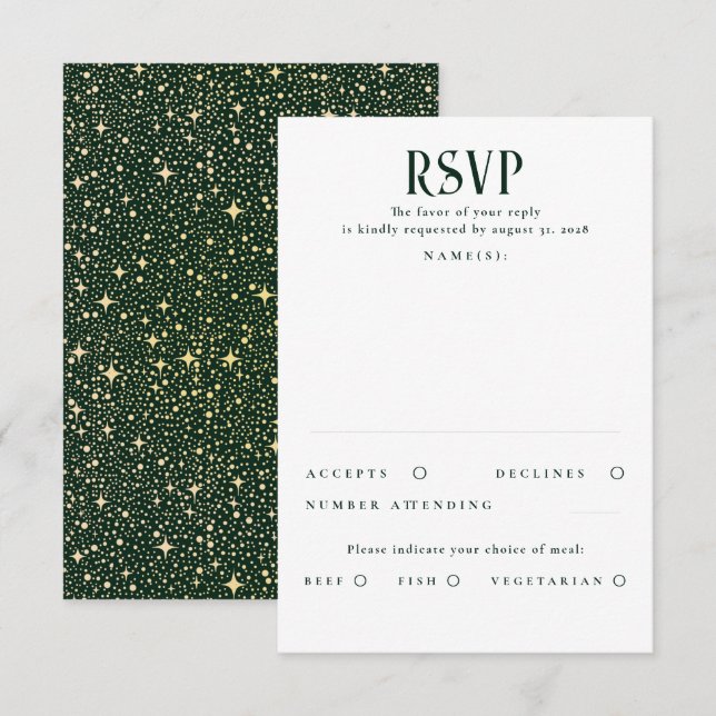 Stars Emerald Green and Gold Wedding RSVP (Front/Back)