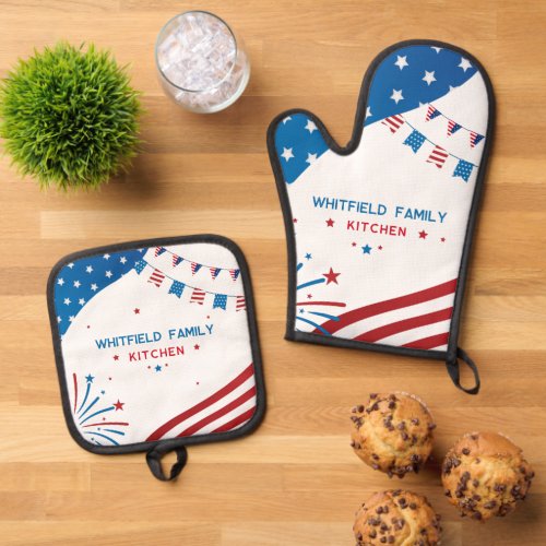 Stars Flags 4th of July Family Cookout Custom Oven Mitt  Pot Holder Set