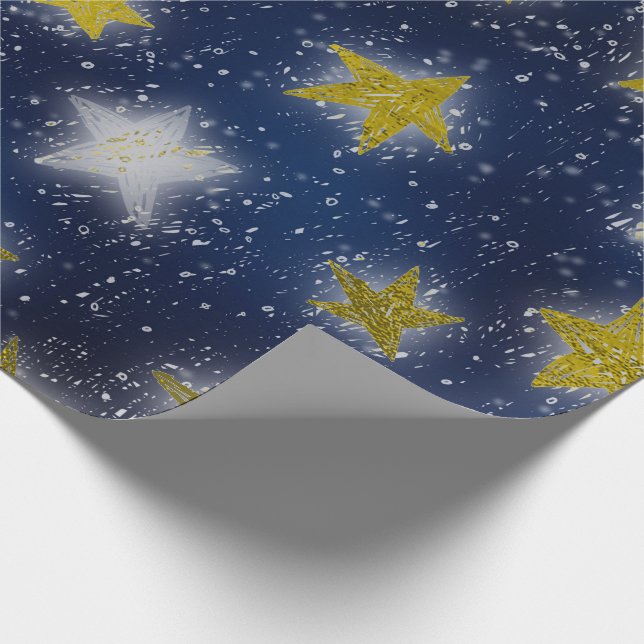 Stars Galaxy Sky Navy Blue Night Mustard Gold Fanc Wrapping Paper (Corner)