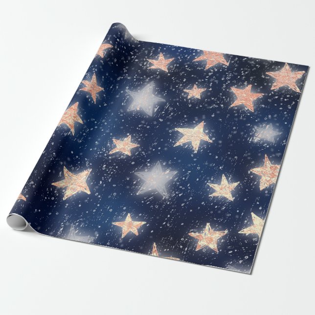 Stars Galaxy Sky Navy Blue Night Rose Gold Blush Wrapping Paper (Unrolled)
