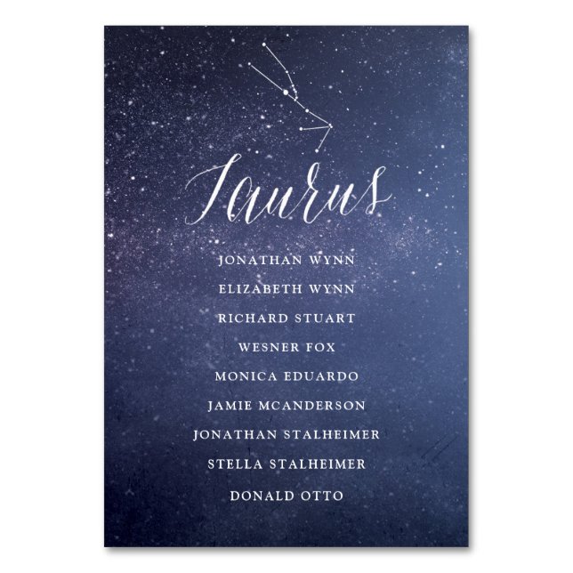 Stars Galaxy Wedding Seating Chart Card Taurus (Front)