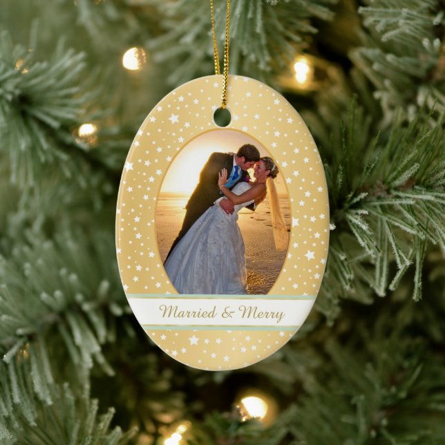 Stars Gold Frame First Christmas Wedding Ceramic Ornament (Tree)