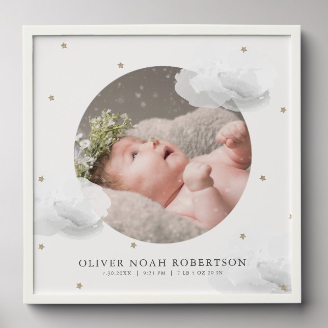 Stars & Gray Clouds Photo Boy Baby Announcement Peel And Stick Photo Tile (Front Set)