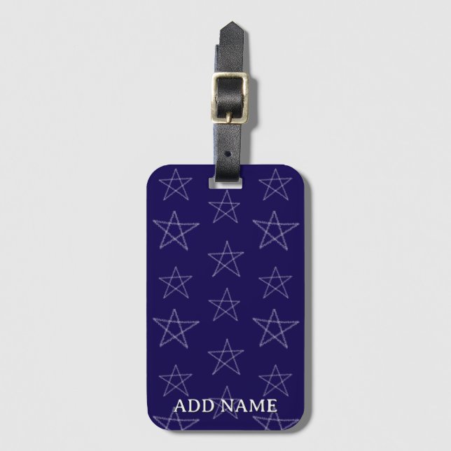Stars Hand Drawn Custom Name Blue Luggage Tag (Front Vertical)