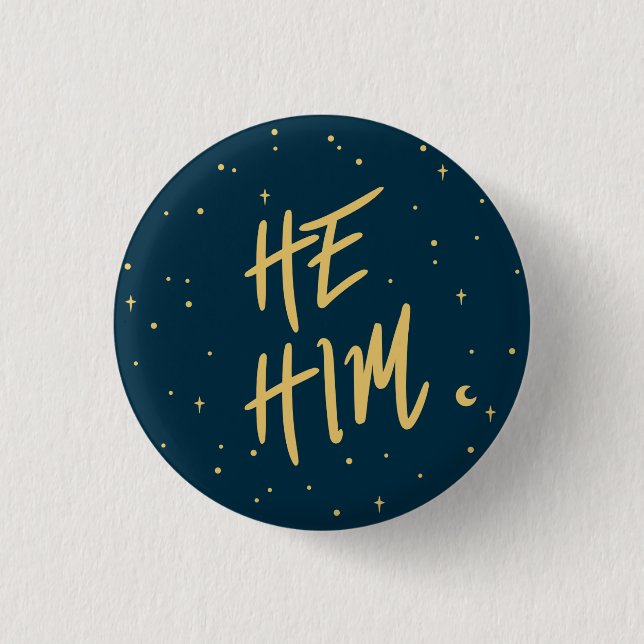 Stars He/Him Pronouns in Navy and Gold Button (Front)