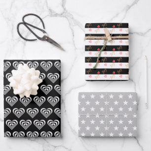 Stars & Hearts on Black and White Wrapping Paper Sheets