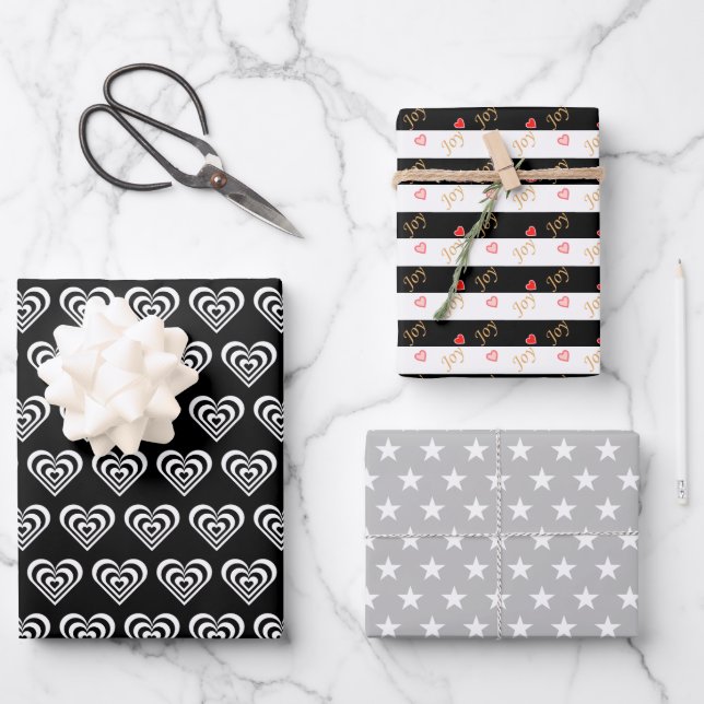 Stars & Hearts on Black and White Wrapping Paper Sheets (Front)