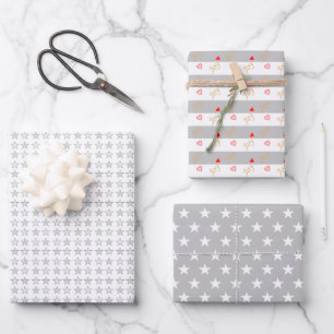 Stars & Hearts on Silver Gray and White Wrapping Paper Sheets