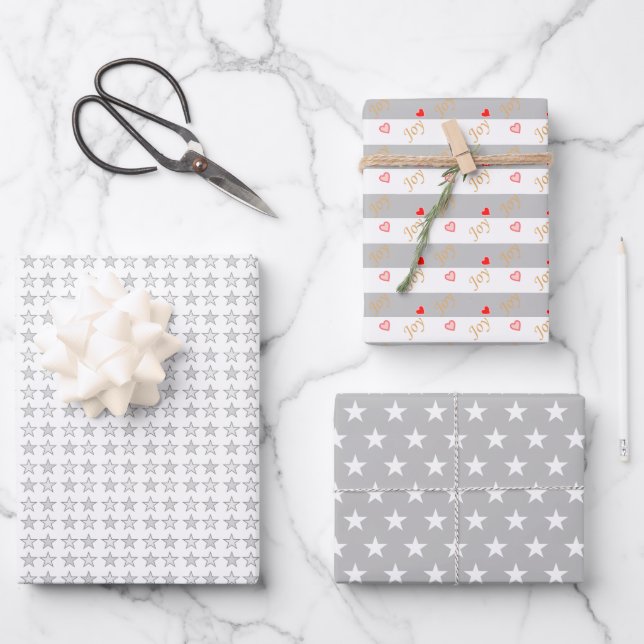 Stars & Hearts on Silver Gray and White Wrapping Paper Sheets (Front)