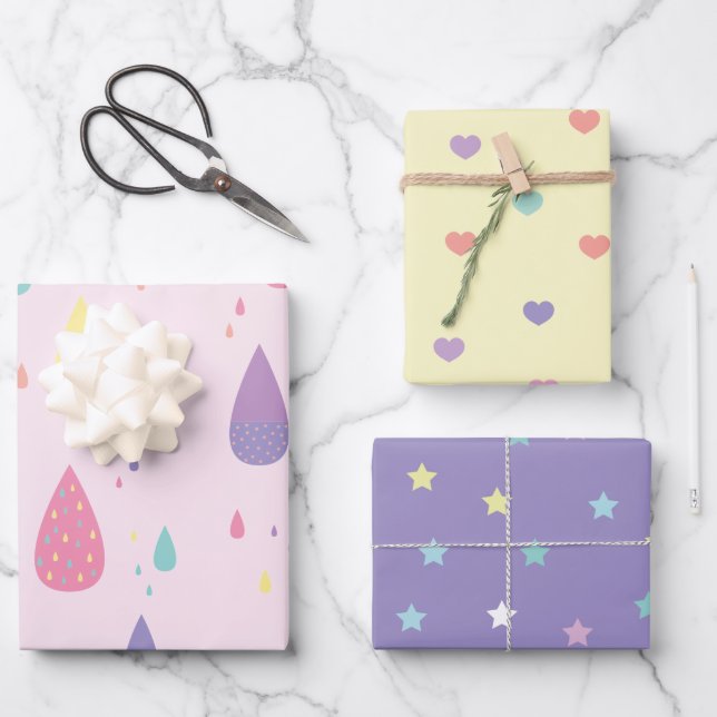 Stars Hearts Rainbow Pastels Wrapping Paper Sheets (Front)