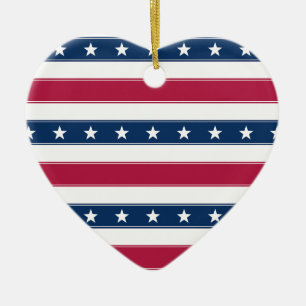 Stars & Horizontal Stripes Patriotic Heart Ceramic Ornament