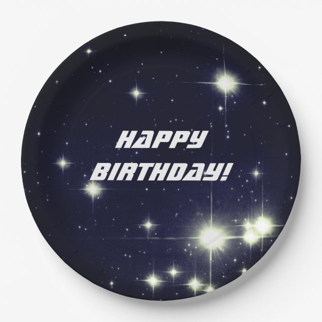 Stars in Deep Space Dark Blue Happy Birthday Paper Plates (Front)