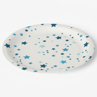 Stars in multiple shades of blue on white paper plates