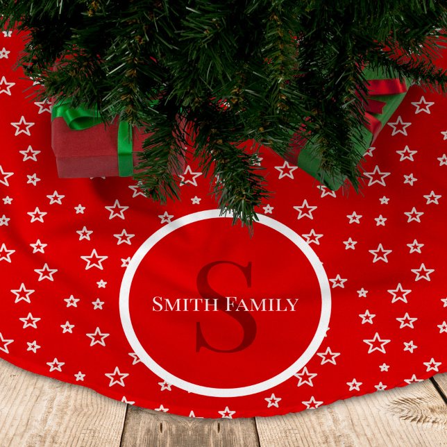 Stars in red and white with Monogram and Name  Brushed Polyester Tree Skirt (Creator Uploaded)