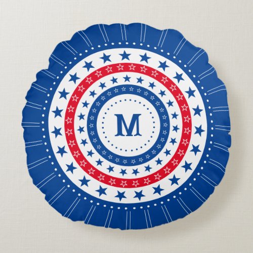 Stars in Red White and Blue with Monogram Round Pillow