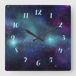 Stars in Space Purple Blue Green Nebula Square Wall Clock