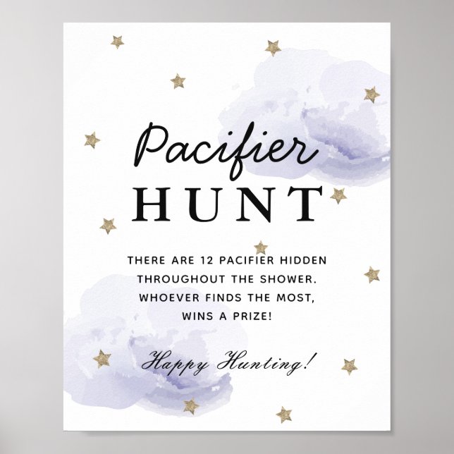 Stars & Lavender Clouds Baby Shower Pacifier Hunt Poster (Front)