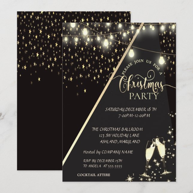 Stars,Lights,Wine Glass Company Christmas Party Invitation (Front/Back)