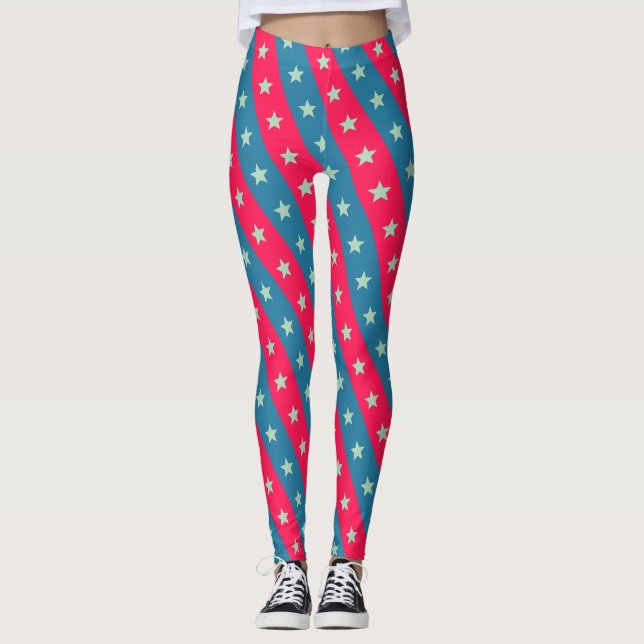Stars & Lines Pink Blue Minimal Pattern Leggings (Front)