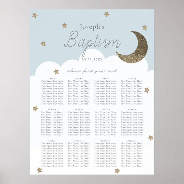 Stars & Moon Baby Blue Boy Baptism Seating Chart (Front)