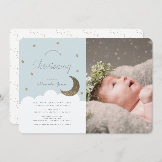 Stars & Moon Baby Blue Boy Photo Christening Invitation (Front/Back)