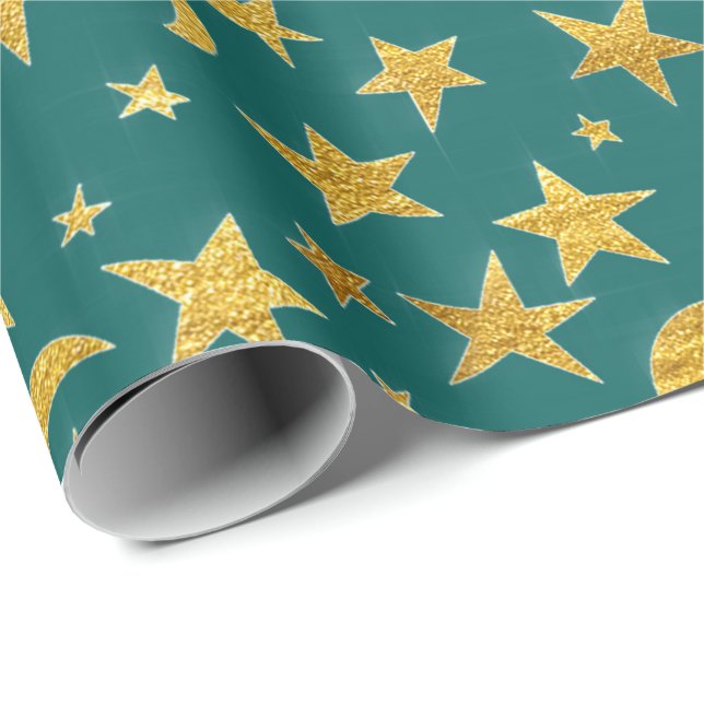 Stars Moon Black Sky Black Gold Teal Aquatic Wrapping Paper (Roll Corner)