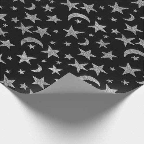 Stars Moon Black Sky Black Silver Gray Grey Wrapping Paper