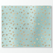 Stars Moon Blue Aqua Gold Metal Sky Champaign Wrapping Paper (Flat)