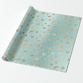 Stars Moon Blue Aqua Gold Metal Sky Champaign Wrapping Paper (Unrolled)