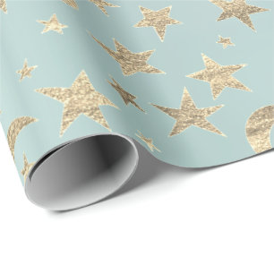Stars Moon Blue Aqua Gold Metal Sky Champaign Wrapping Paper