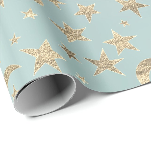 Stars Moon Blue Aqua Gold Metal Sky Champaign Wrapping Paper (Roll Corner)