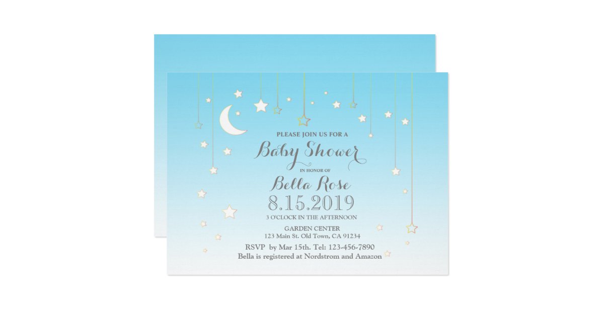 Stars moon blue boy baby shower invitation