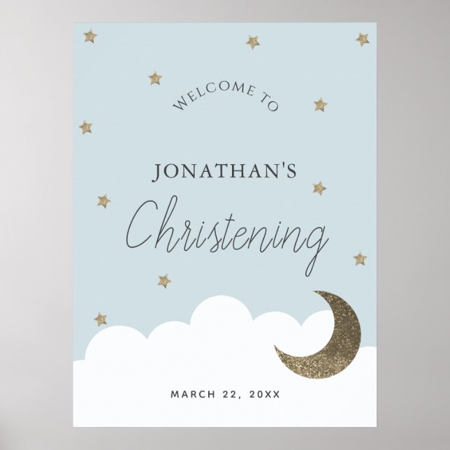 Stars & Moon Blue Boy Christening Welcome Sign (Front)
