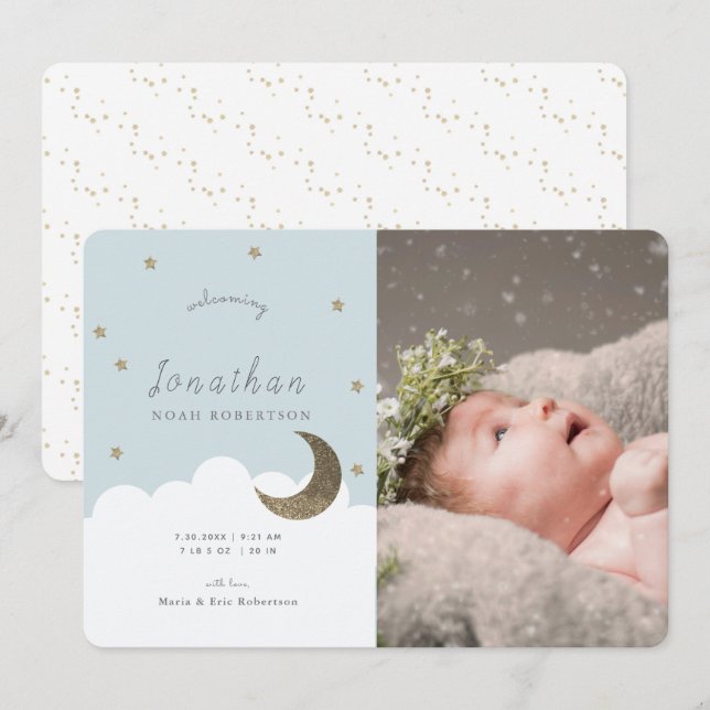 Stars & Moon Blue Boy Photo Birth Announcement (Front/Back)