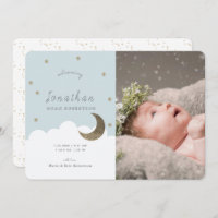 Stars & Moon Blue Boy Photo Birth Announcement