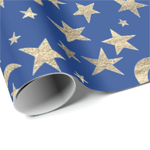 Stars Moon Blue Indigo Gold Metal Sky Champaign Wrapping Paper